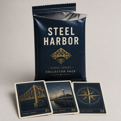 Steel Harbor Signal Series collector pack opened with original illustrated cards fanned in front